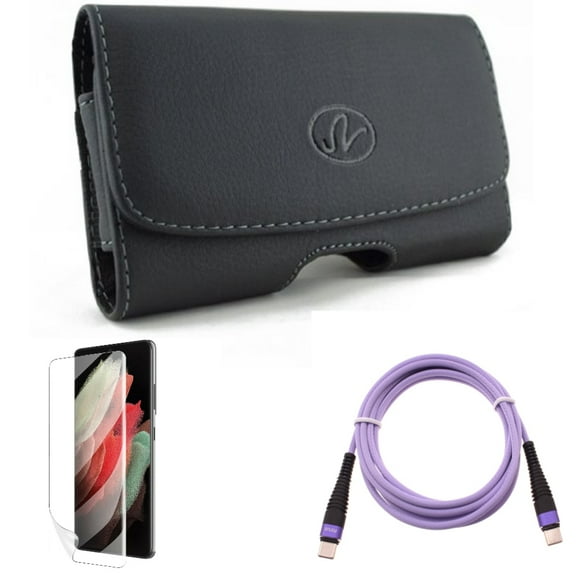 Case Belt Clip & Matte Screen Protector & Purple 6ft PD Cable for Samsung Galaxy S22 Plus (S22 ) - Combo Leather Swivel Holster & TPU Film Anti-Glare & Type-C to USB-C Long Charger Cord Power