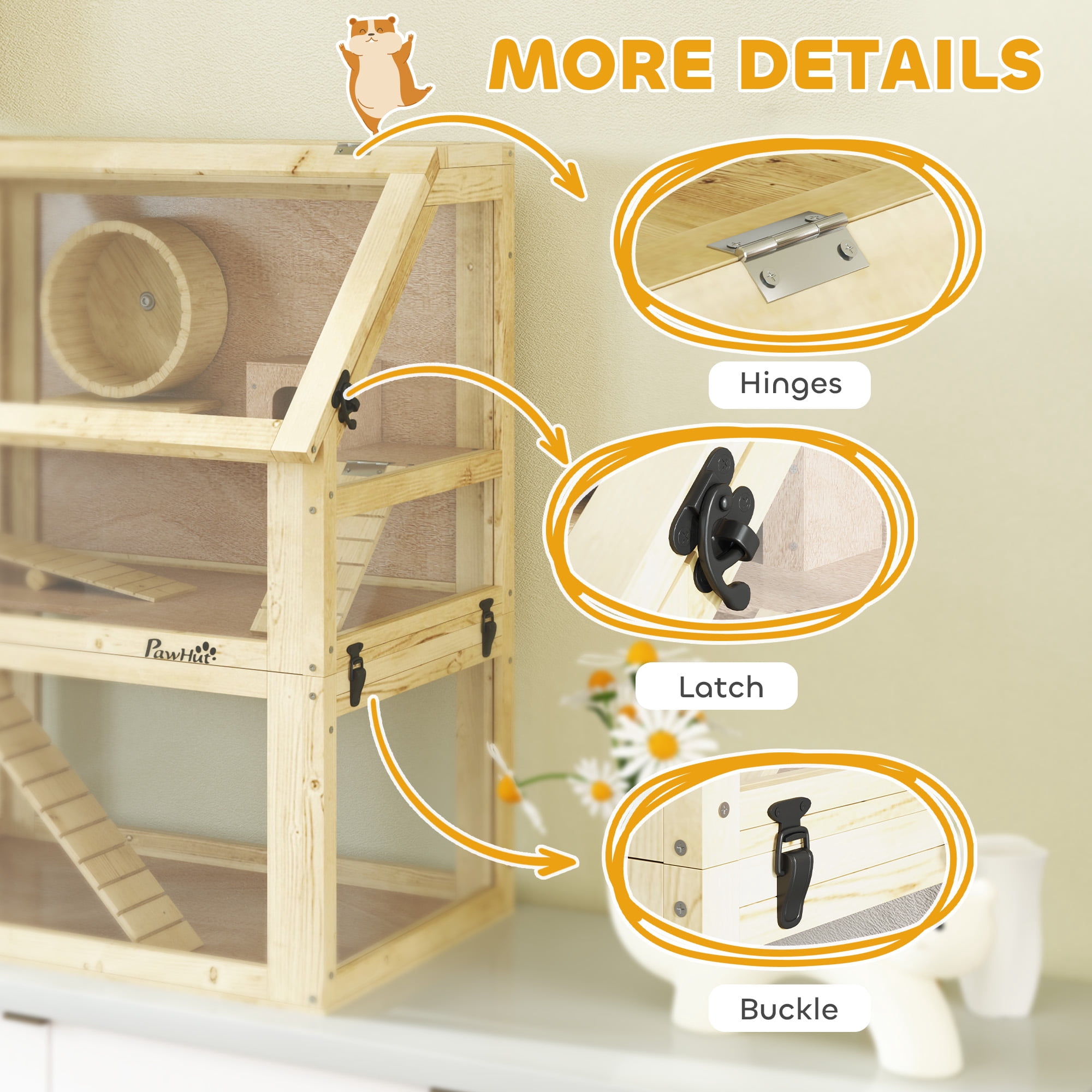 PawHut Wooden Hamster Cage, 3 Tier Small Animal Cage with Detachable 12.6" Deep Bottom, Hut, Seesaw, Exercise Wheel, Ramps, for Dwarf, Gerbil, Mouse