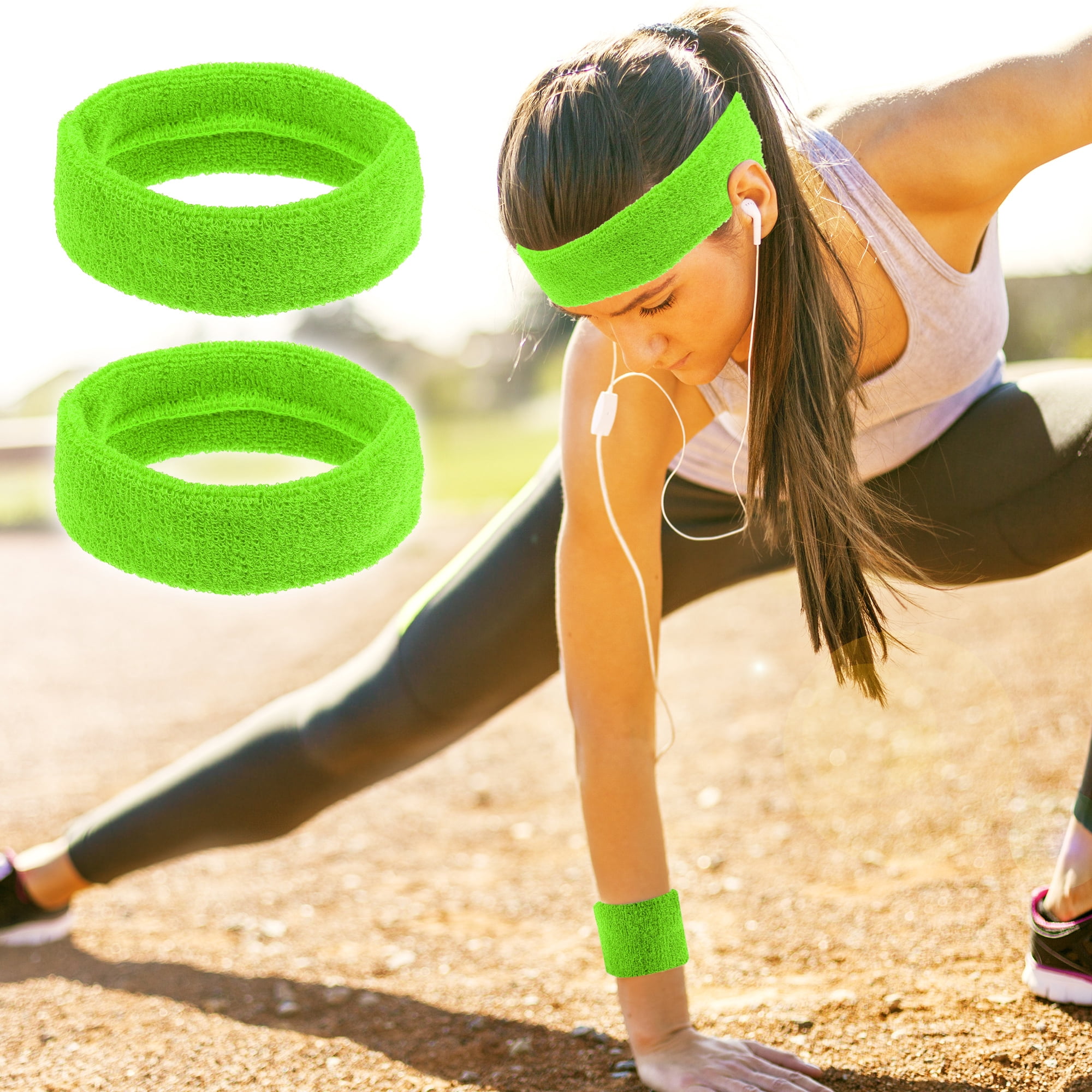 Unique Bargains 3 Pcs Sport Headband Wristband Sweatband Cotton Blend Fluorescent Green