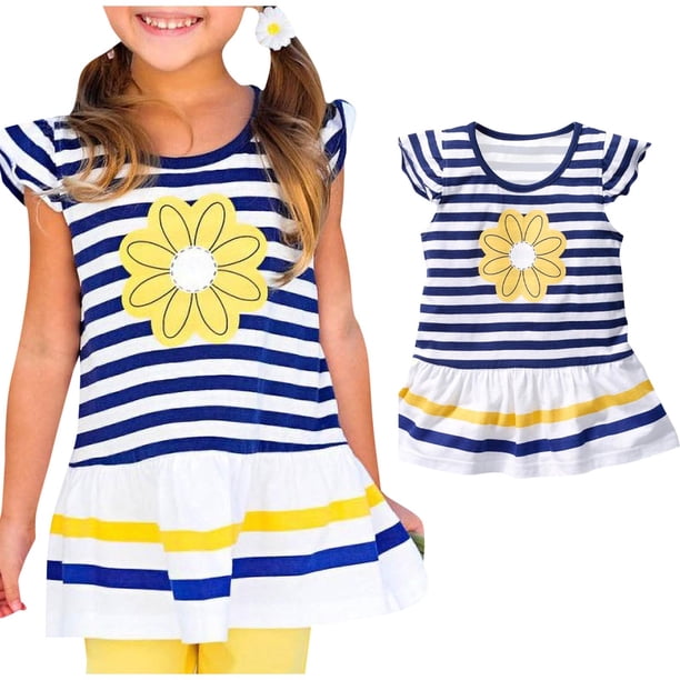 Camiseta de verano a rayas de cuello redondo para niña, mangas sueltas y cintura elástica. Top de poliéster para niña.