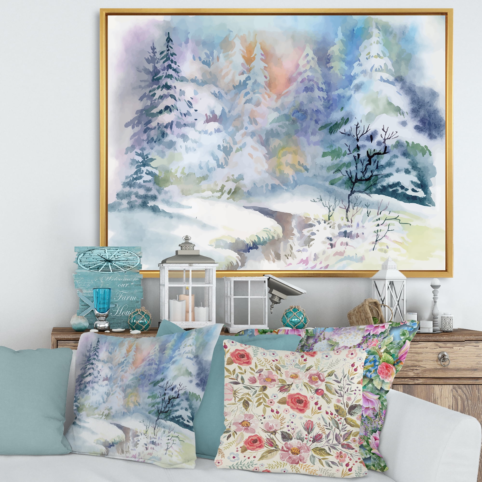 Designart 'Snowy River With Winter Landscape' Traditional Framed Canvas Wall Art Print