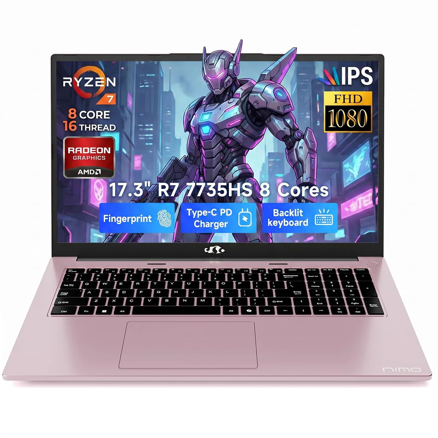 NIMO 17.3" Gaming Laptop, AMD Ryzen 7 7735HS 8 Cores, 16GB DDR5 512GB SSD, Windows 11, FHD IPS 180° View, Fingerprint, Backlit Keyboard, 100W Fast Charging, WiFi 6E Computer, for Business & Student