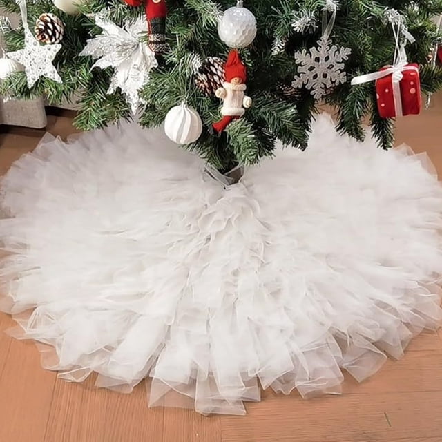 Falda de rama blanca plisada para árbol de Navidad 35,43 pulgadas | Falda de pastel de color liso | Elegante cubierta decorativa de poliéster para la base | Decoración navideña suave y caprichosa