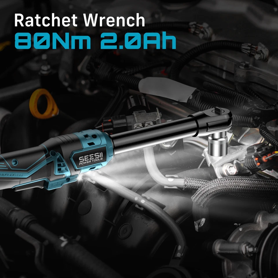 Seesii Extended Cordless Electric Ratchet Wrench: 59Ft-lbs Power Ratchet Wrench 3/8", Brushless  0-400RPM Variable Speed Trigger, 2 Pack 21V Batteries & Charger, 8 Sockets, 1/4"& 1/2" Adapter