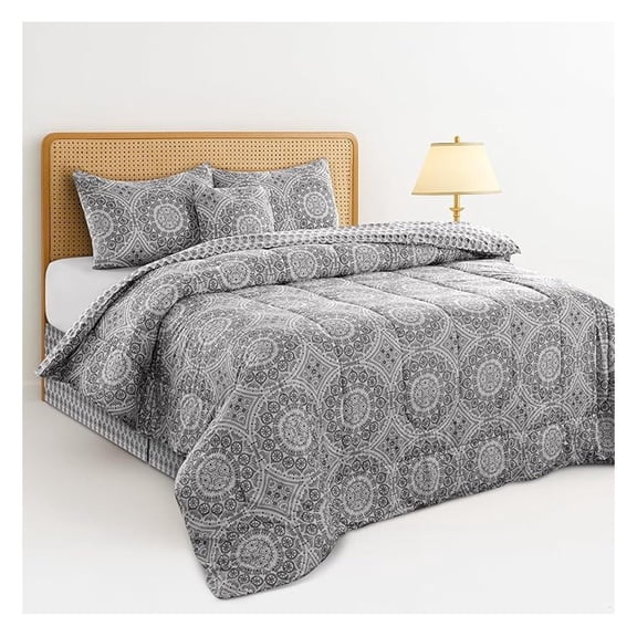 LUX Décor Reversible 5pc King Comforter Set, Printed Bedding Set, All-in-One Bed in a Bag, Includes 1 Comforter, 2 Pillow Shams, 1 Decorative Pillow & 1 Bed Skirt (Aztec Grey,King)