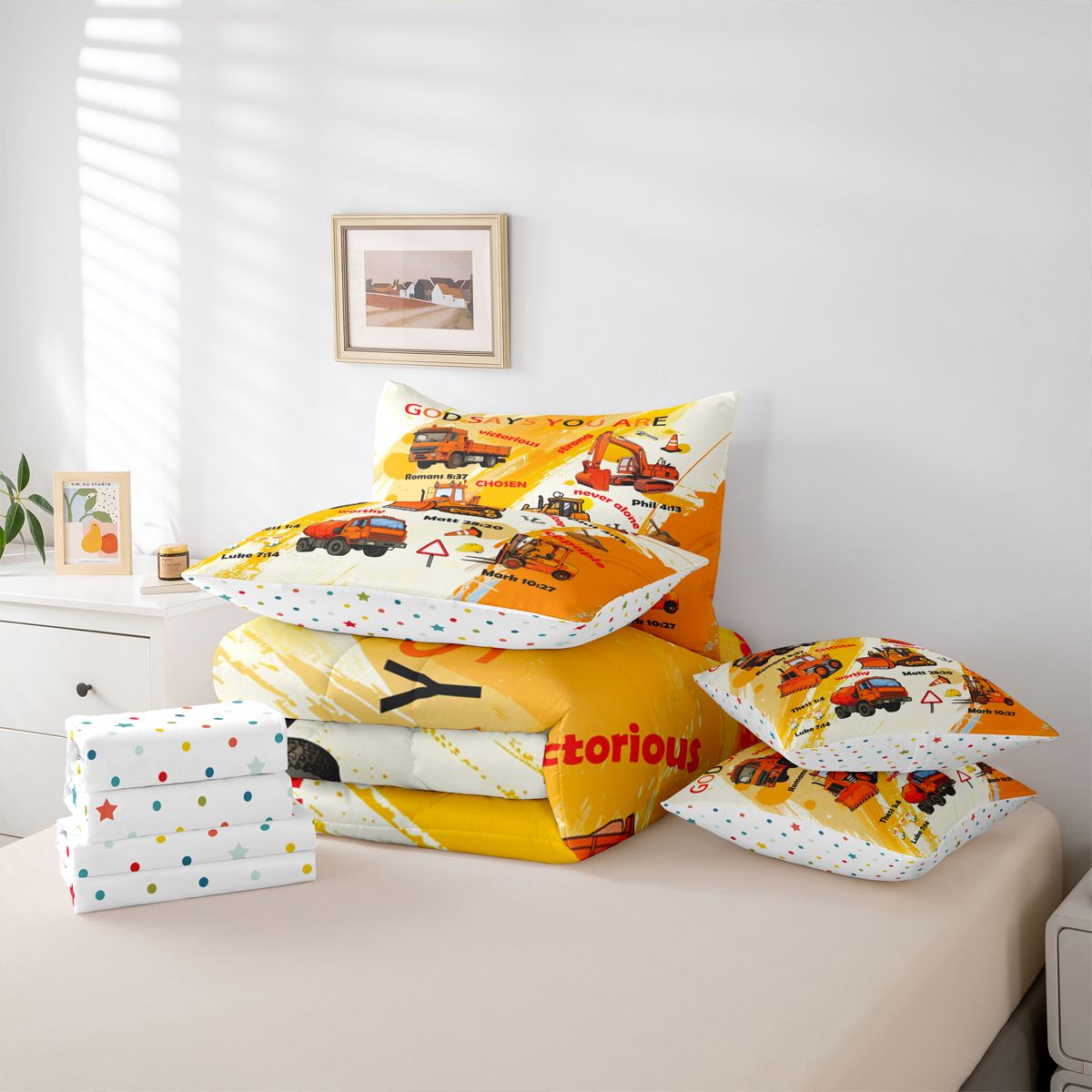 Manfei Orange Graffiti 7-Piece Bedding Comforter Set,Excavator Bulldozer Truck King Bedding Sets,Construction Vehicles Bed Sheets For Boys,Luxury Bedroom Decor Reversible