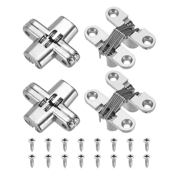 Uxcell 4 Paquete de Bisagras de Puerta de Armario Ocultas, 1.65" x 0.49" Bisagra Cruzada Concebida de 180 Grados para Caja de Madera Puerta Invisible, Plata