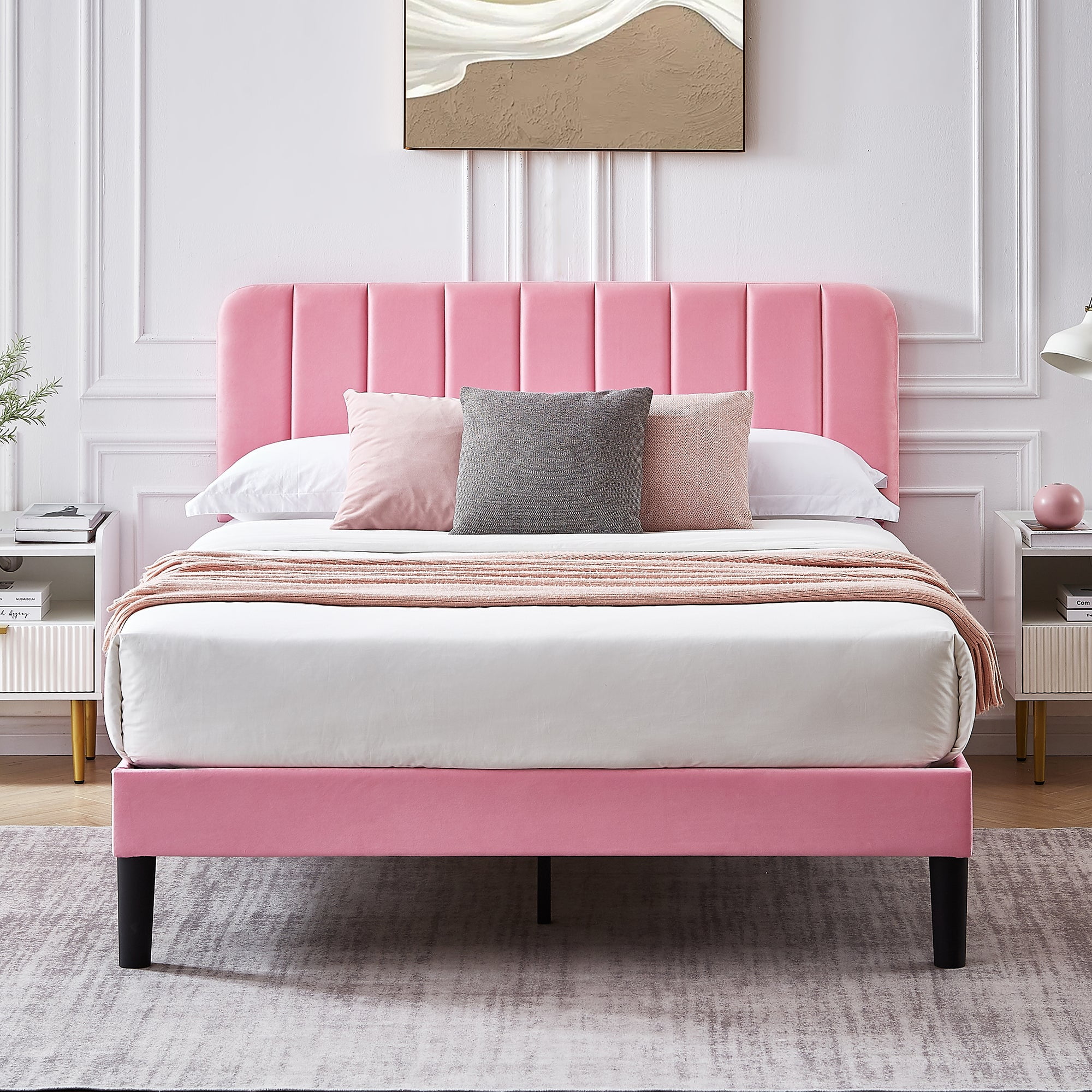 Taomika, Queen Size Upholstered Platform Bed Frame with Adjustable Headboard-Pink