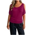 thumbnail image 5 of Women's Loose Fit Cold Shoulder Round Neck Short Sleeve Knot Solid Color Blouse Top Casual Daily Wear Summer Vacation | CSEONE,Wine L, 5 of 9