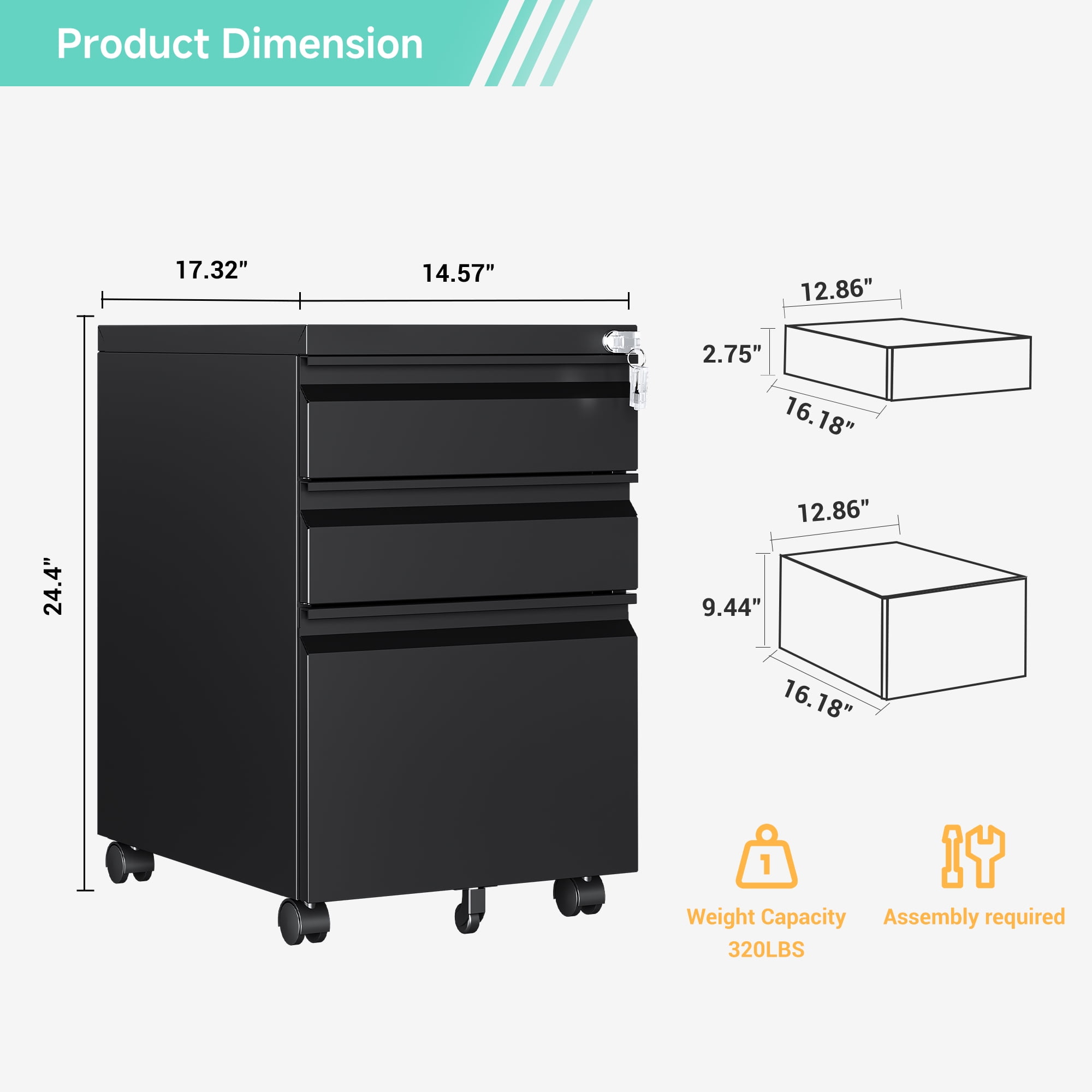 STANI 3 Drawers Mobile File Cabinet, Metal File Cabinets with Lock, Under Desk Rolling Filing Cabinet for Home Office Fit Letter/Legal/A4 Size (Unassembled,Black)