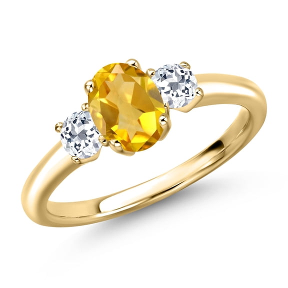 Gem Stone King 10K Yellow Gold Yellow Citrine and White Topaz Engagement Ring for Women | 1.18 Cttw | Oval 7X5MM | Gemstone November Birthstone | Size 6