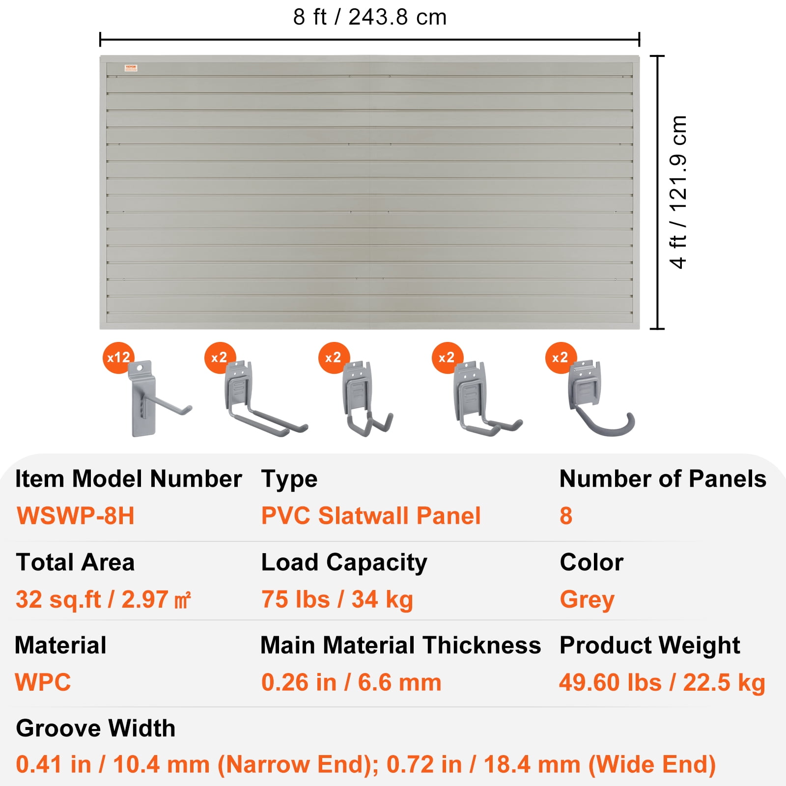 SKYSHALO Slatwall Panels with Hooks PVC, Heavy Duty 96"x48" Garage Wall Storage, 8 Piece