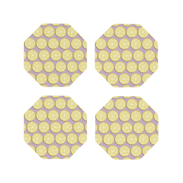 Vsdgher Yellow Lemon Slices Print Leather Coasters for Drinks, Durable Drink Coasters 4 Set for Tabletop Protection, Luxurious Home Décor and Housewarming Gift-Octagon