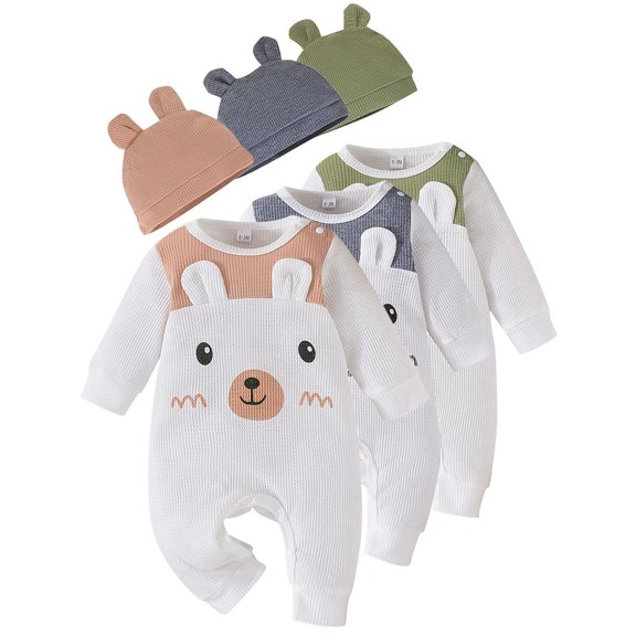 WIBACKER 0-18M Baby Boys Cartoon Bear Long Sleeve Jumpsuit and Hat Spring Fall Outfits Clothes