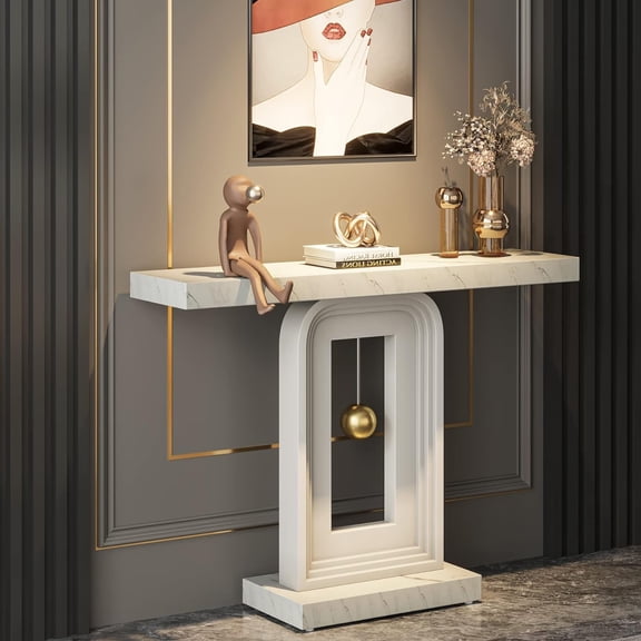 Tribesigns Modern Console Table with Geometric Base, 40 inch Narrow Wood Sofa Entryway Table with Gold Decor for Living Room Entryway Hallway, White