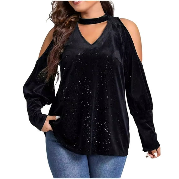 Xqxayjr Women's Cold Shoulder Velvet Fall Tops Cute Funny Long Sleeve Blouses Sweatshirt Trendy Plus Size V Neck Tunic Pullover Clothing
