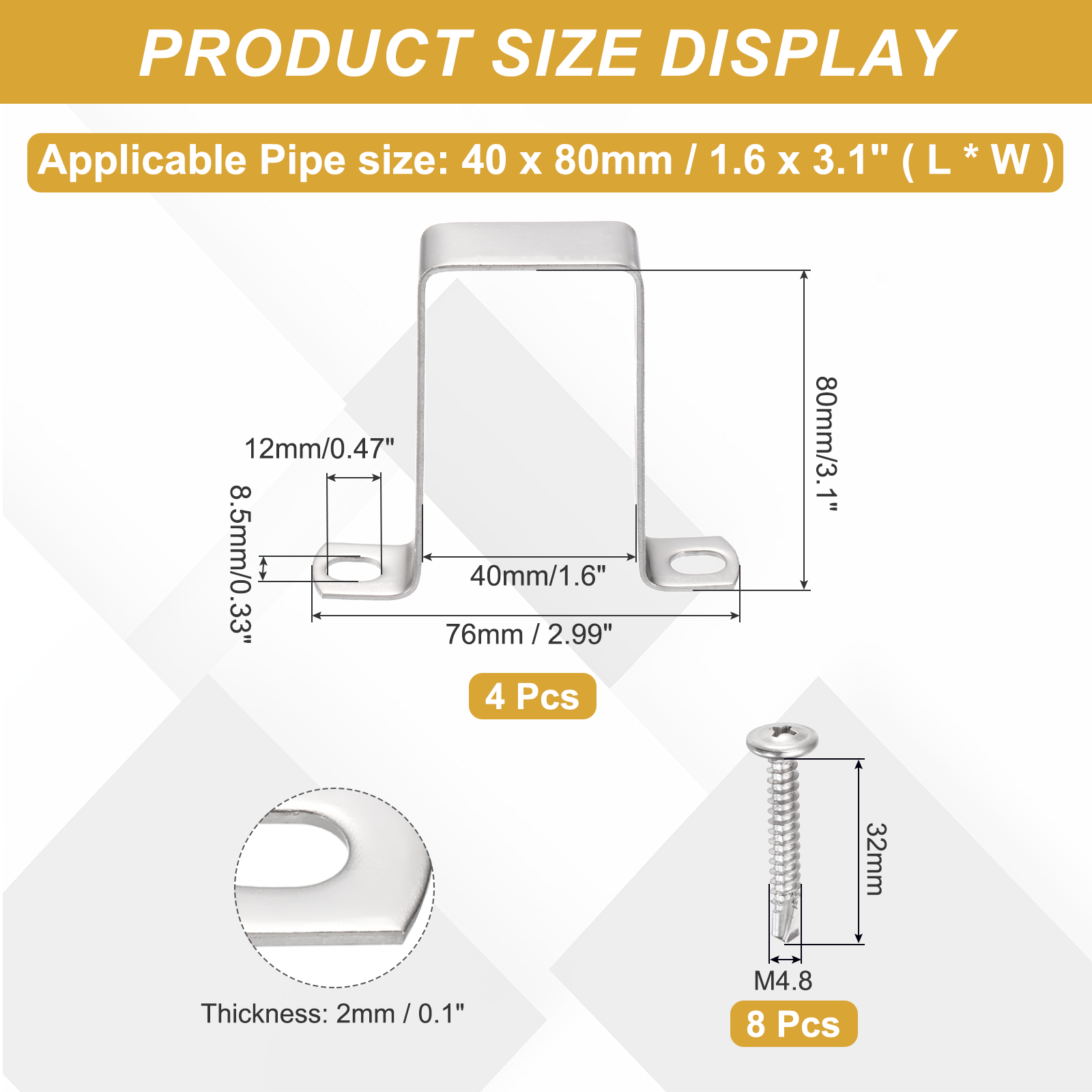 Uxcell 4Pcs U Shape Square Tube Clamp, 40x80mm U Shaped Bracket 304 Stainless Steel Square Strap Clamp with Phillips Head Self Drilling Screws for Pipes Door Closed Bar Holder Railings