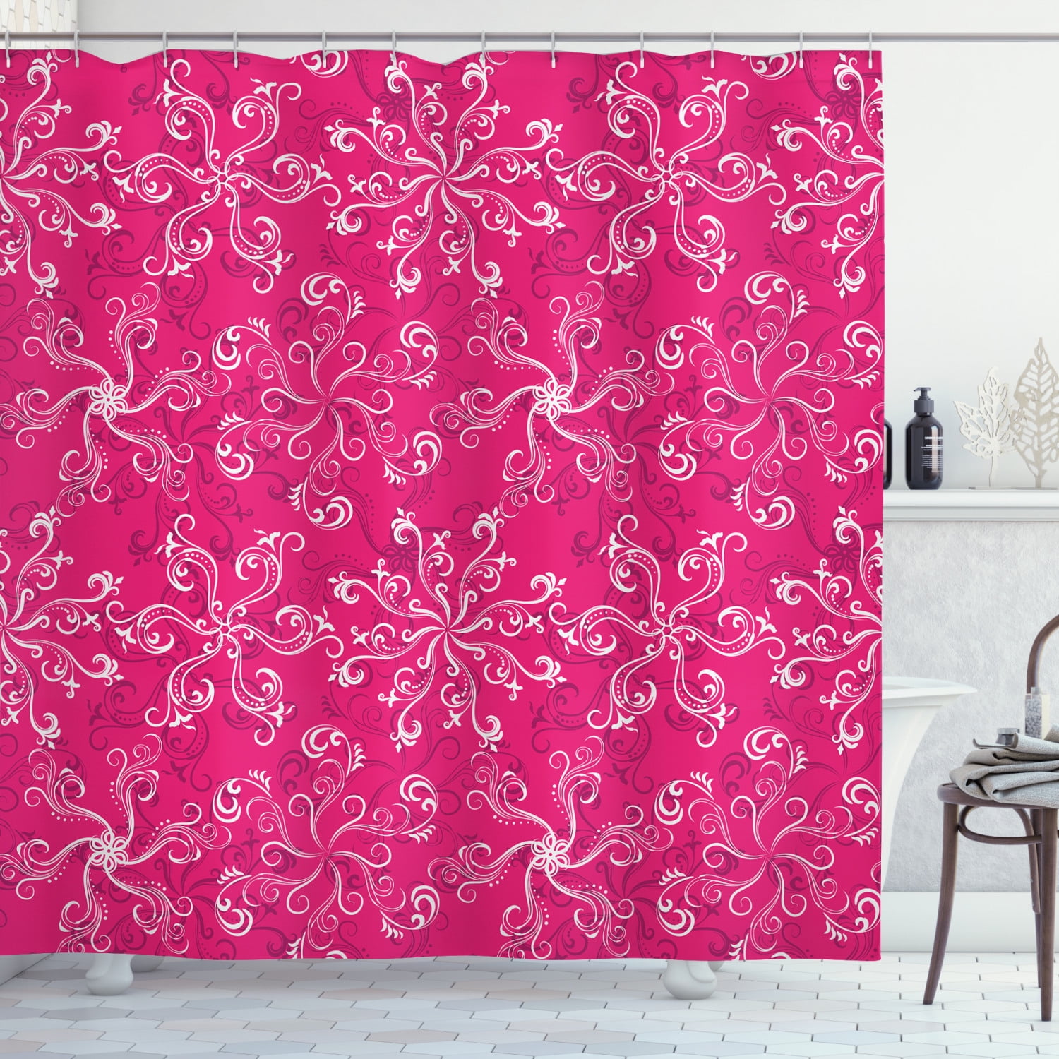 Hot Pink Shower Curtain, Floral Arrangement Pattern on Hot Pink