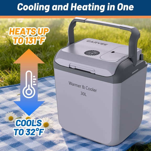 Outop 32 QT Electric Cooler and Warmer for Cars, 30L Portable Refrigerator with Dual Cooling/Heating, 12V & AC Adapters for Road Trips, Camping, Gray