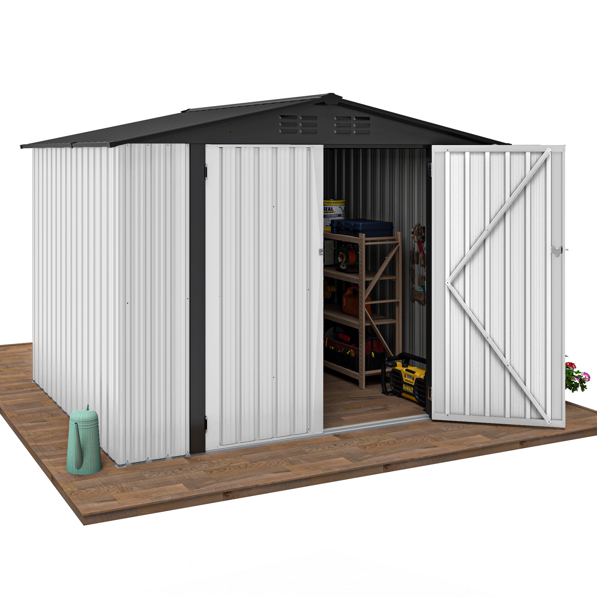 Dextrus 8x6 FT Outdoor Storage Shed with Lockable Doors & Air Vent, Large Metal Tool Sheds House for Backyard Patio, Bikes, Tools,White