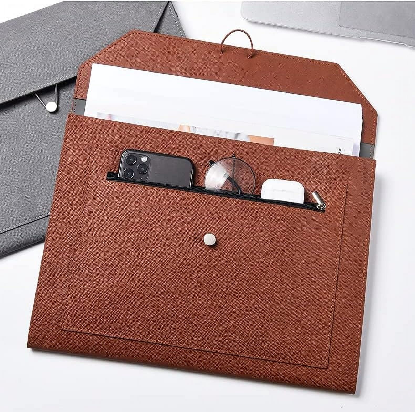 PU Leather A4 File Folder 2 Pockets Portfolio Envelope with Elastic String 3/4 Inch Expansion，Brown