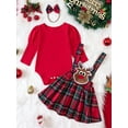 thumbnail image 3 of FEORJGP Toddler Infant Baby Girls Christmas Outfits Puff Sleeve Jumpsuit Crew Neck Romper + Deer Suspender Skirt A-line Skirt + Headband Set Newborn Cute Clothes, 3 of 9
