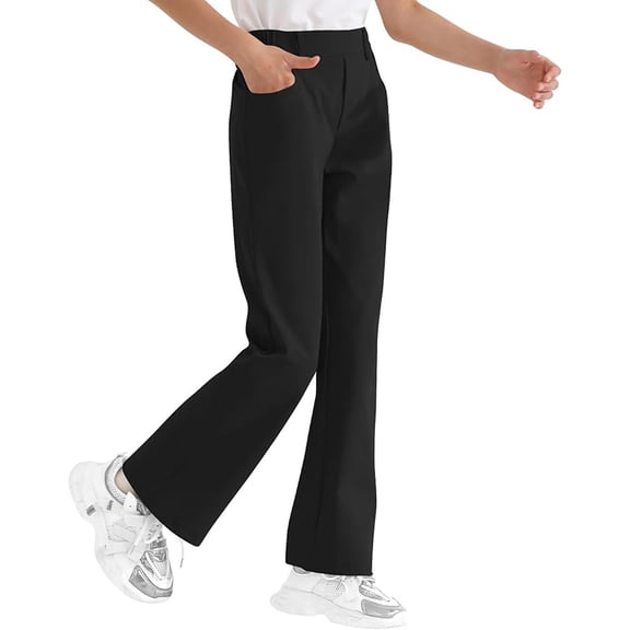 Yuncity Girls School Pants For Girls Flare Design Elastic Waist Stretch Long Pants Uniform Pants Size Black