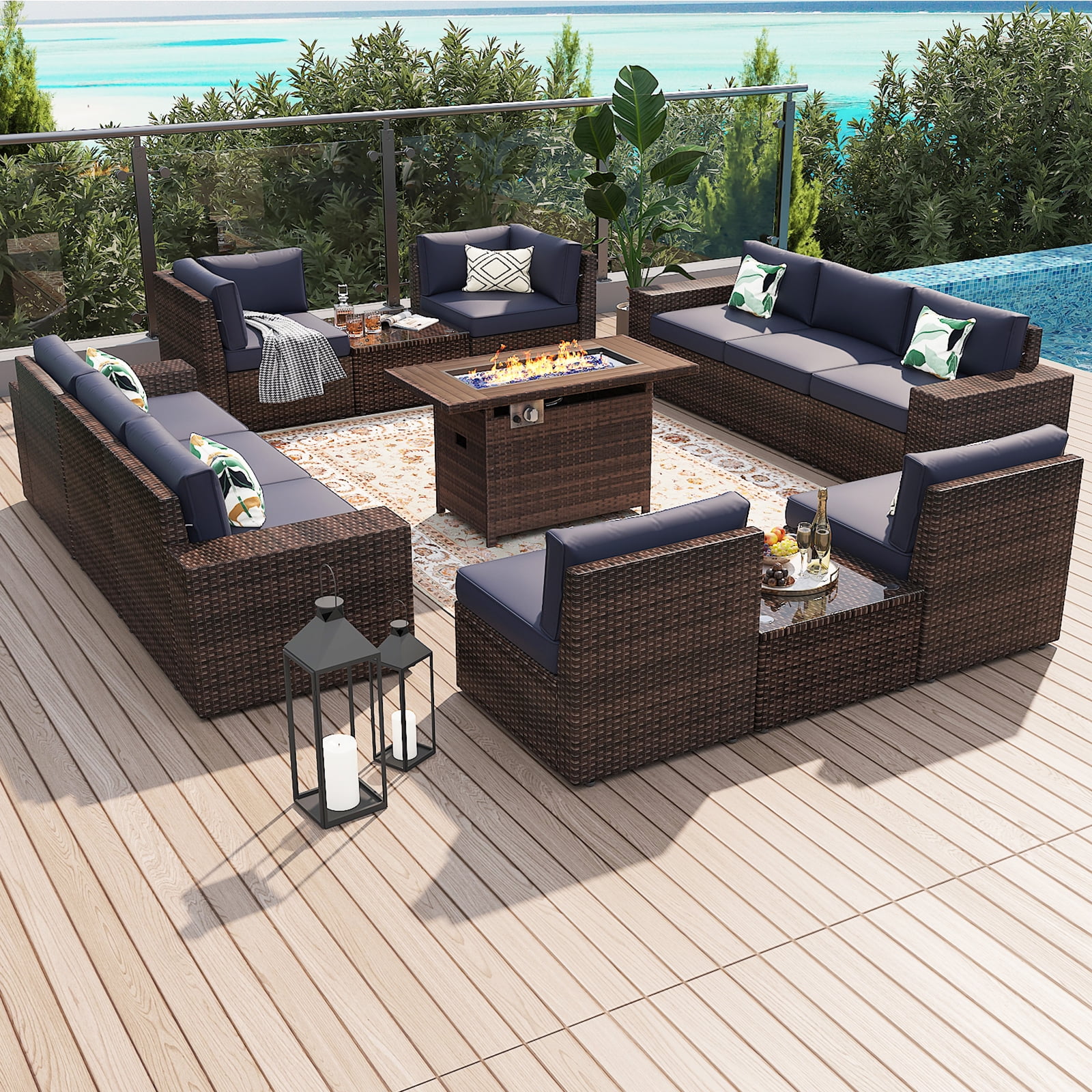 unmthink 13-Piece Rattan Sectional Patio Furniture Set with Fire Pit Table, 2 Coffee Tables, Blue