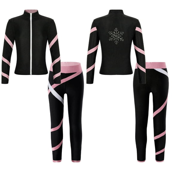 renvena Kids Ice Skating Jacket with Figure Skating Leggings Girls Zipper Outwear and Dance Pants Set Size 6-16 Pink 10