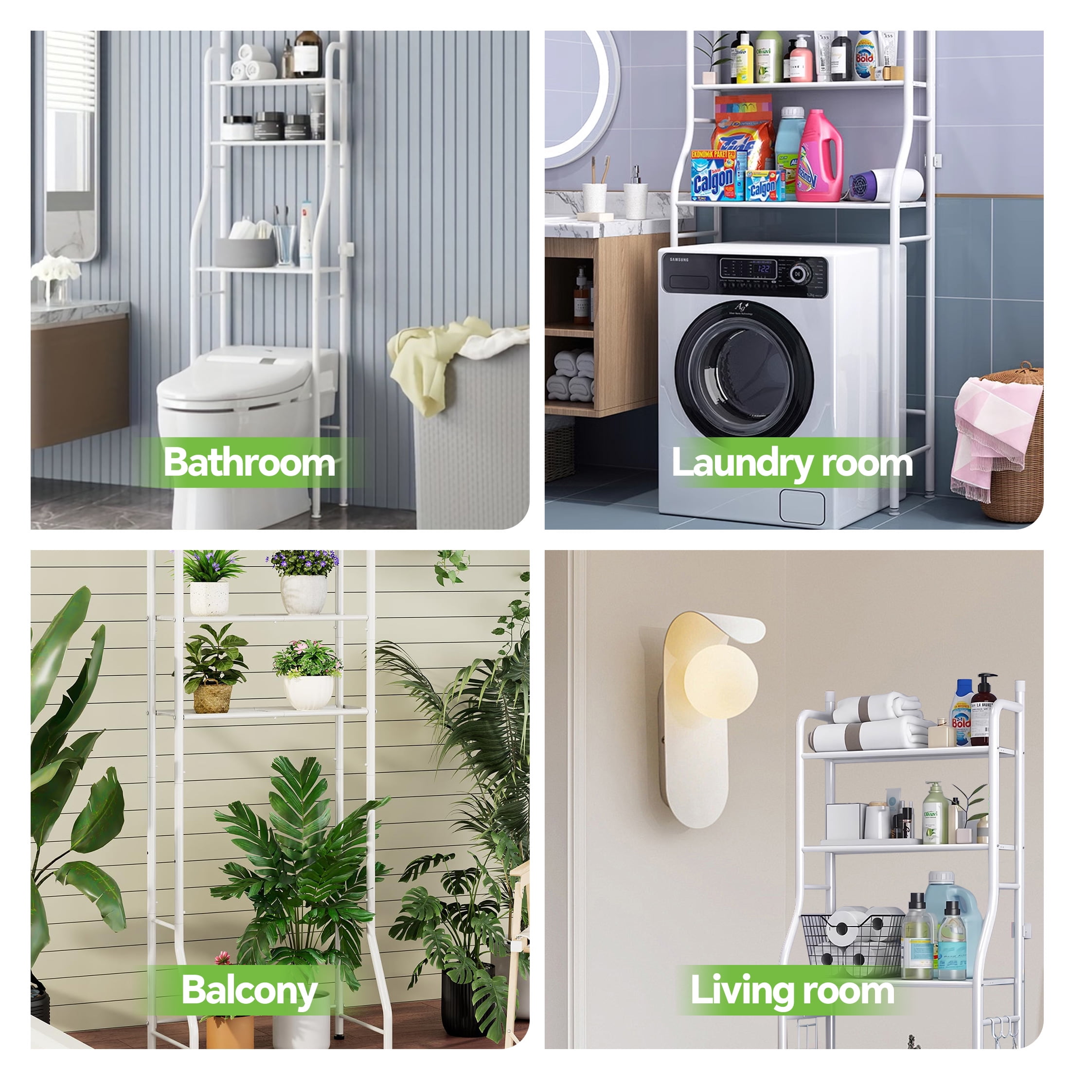 HioHa Over the Toilet Storage, 3-Tier Bathroom Organizer with Paper Holder & 3 Hooks, Sturdy & Stable Freestanding Space Saver Toilet Rack, White