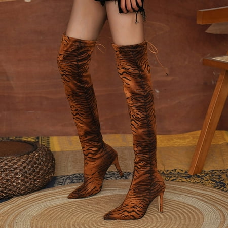 

TALKVE Thin Pattern Shoes Leopard The Knee Pointed Toe Boots Heels Women High Over Women s Boots