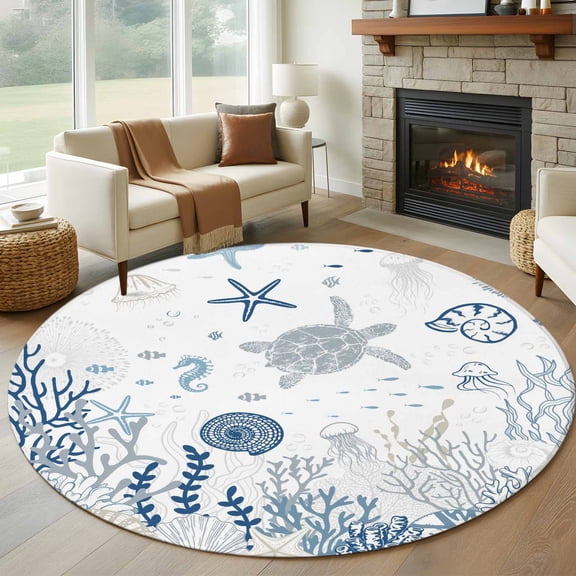 Blue Coastal Round Area Rug 6 FT,Non Slip Bedroom Area Rug,Summer Beach Turtle Coral Starfish Jellyfish Washable Soft Circular Carpet Non-Shedding Floor Mat for Kitchen Dining Room Office Kids Room