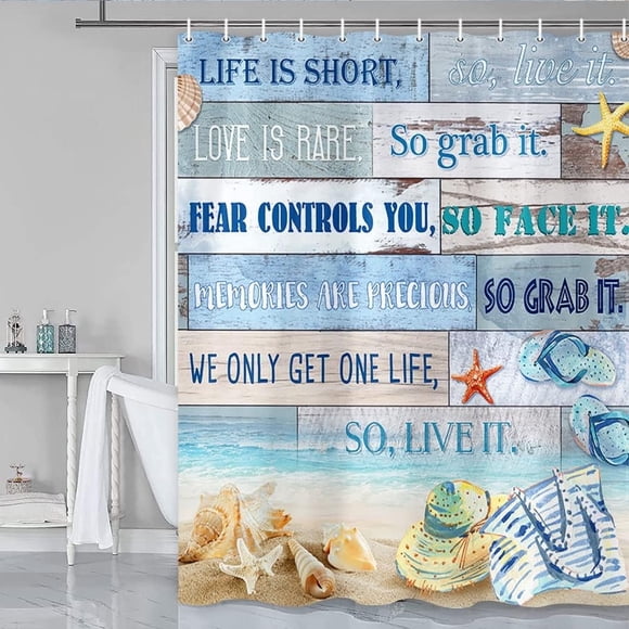 Rideau de Douche de Plage pour Salle de Bain, Rideaux de Douche Nautiques Étoile de Mer Coquillage sur Planche de Bois, Ensemble de Rideau de Douche en Tissu Citation Océan Bleu Style Ferme, Décor de Salle de Bain Imperméable Thème Côtier