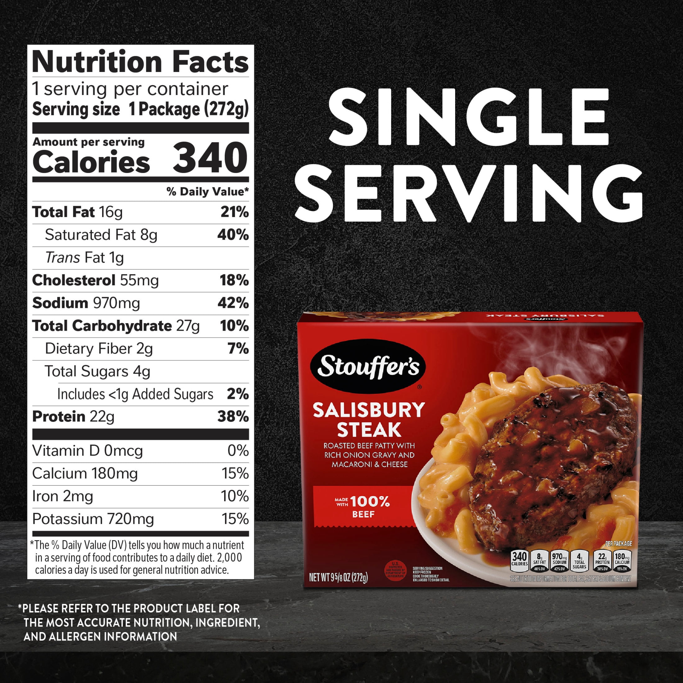Stouffer's Salisbury Steak, Single Serve, Frozen Entrees for One, Ready to Cook Easy Dinners, Protein Frozen Meals 9.625 oz