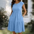 thumbnail image 6 of qolati Women Summer Dresses Crew Neck Cap Sleeve Midi Dresses Casual Ruffle Tiered Smocked Elastic Waist Flowy Sundress Beach Vacation Clothes with Pockets Light Blue M, 6 of 8