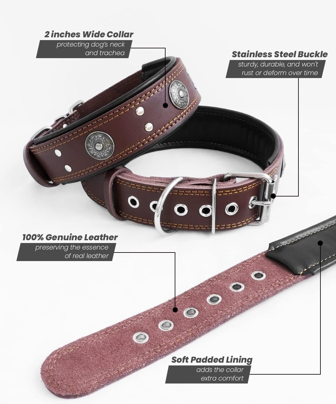 TJOUL Leather Dog Collar, 2 inches Wide Heavy Duty Genuine Leather Collars, Handmade, Soft, and Luxury, Eye-catching Best Choice for Large and Medium Breed Dogs 22.5-26.5 inches