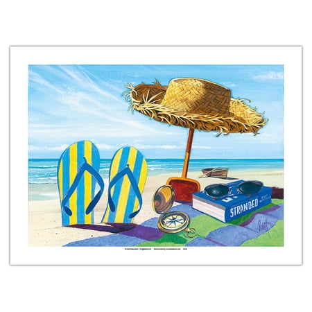 Stranded - Beach Going Necessities: Book Straw Hat Sunglasses Beach Towel Flip Flops - From an Original Color Painting by Scott Westmoreland - Bamboo Fine Art 290gsm Paper Print (Unframed) 24x32in