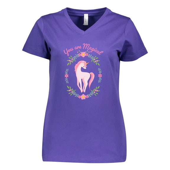 Inktastic You are Magical Pink and White Unicorn with Flowers Women's V-Neck T-Shirt