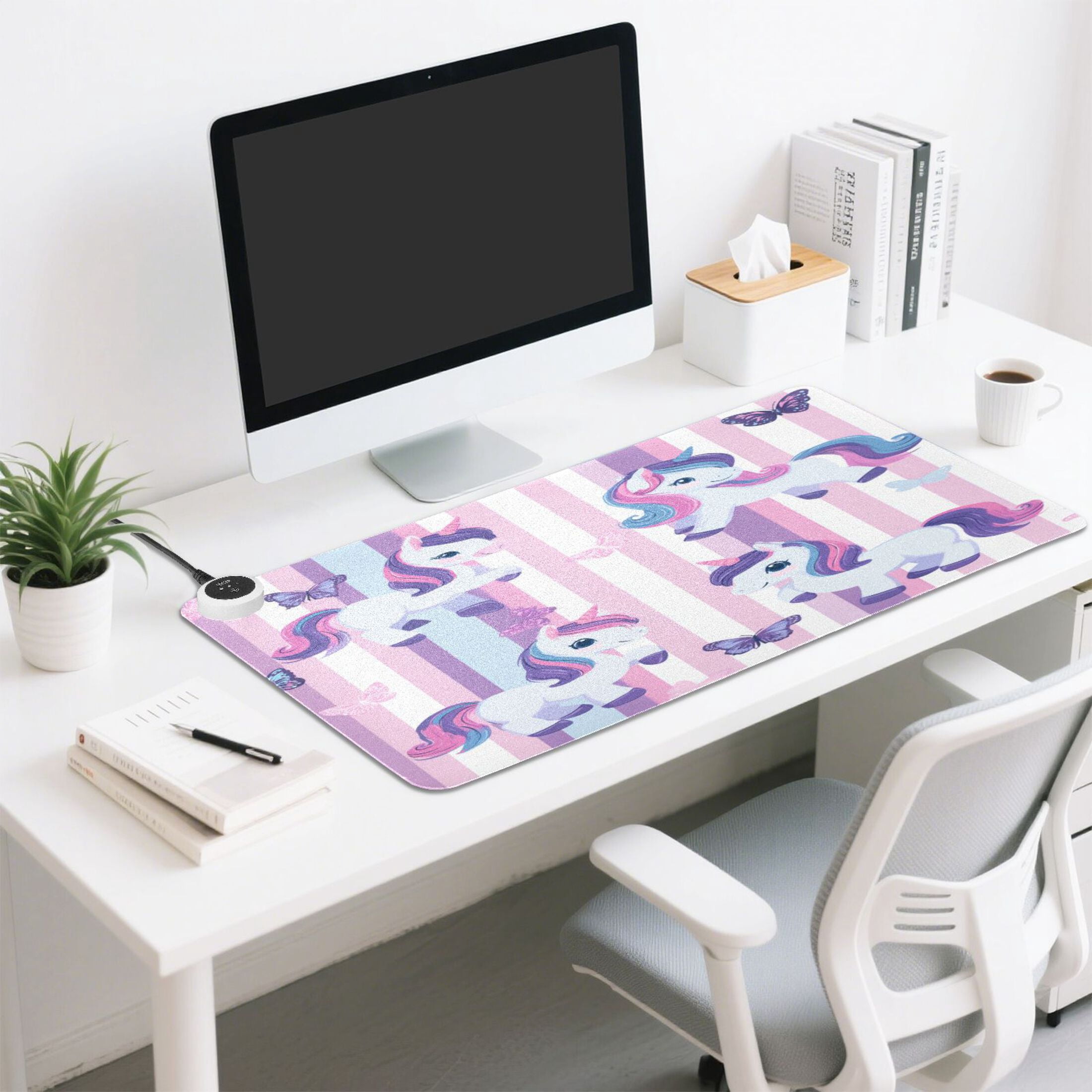 Large Heated Desk Mat Mouse Pad 31.5"x13"PU Leather Graphene Heating Desk Warmer with 3 Temperature Settings 110V US Plug Non-Slip Warm Pad for Home, Office, and Gaming Cute Pastel Unicorn Stripe