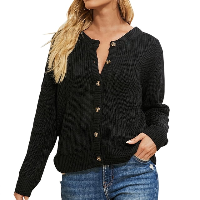 Suéter Dama Elegante Gibobby Cárdigan de Manga Larga Color Sólido para Mujer Negro M