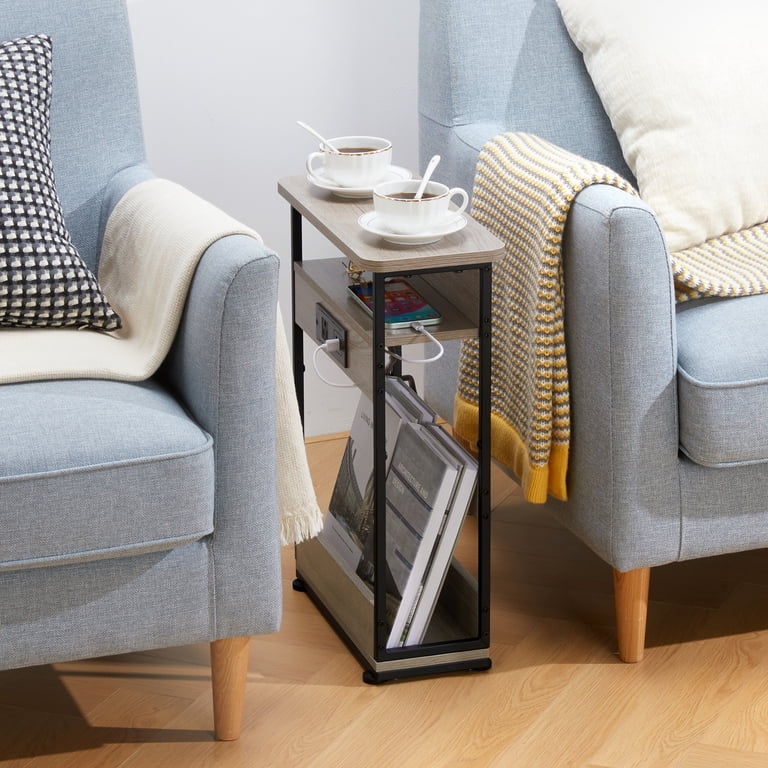 ZEXVIDA Narrow Side Table with Charging Station, Oak photo 2