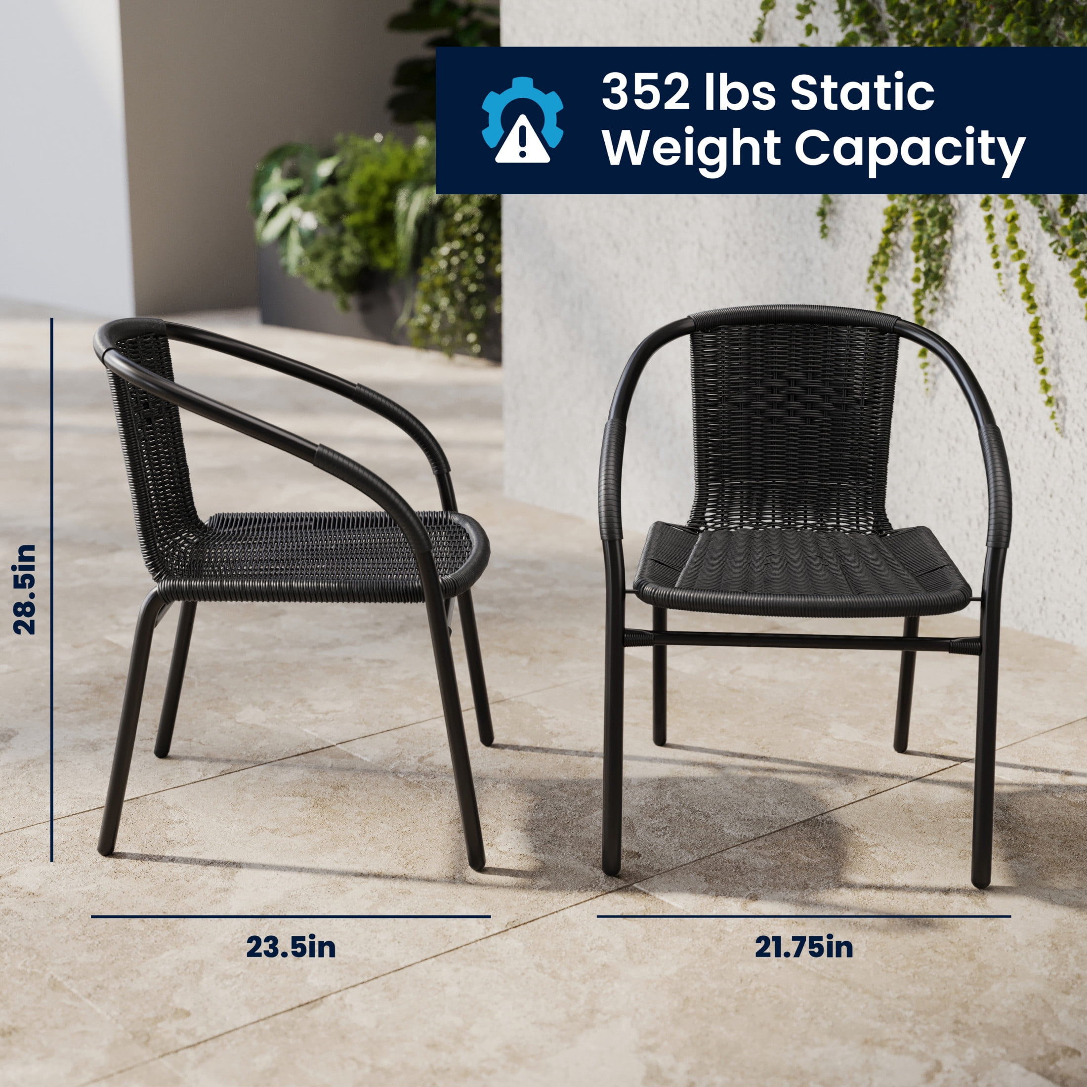 Flash Furniture 28'' Square Glass Metal Table with Black Rattan Edging and 4 Black Rattan Stack Chairs