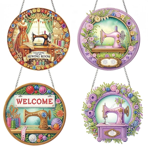 FLOPESN 4PCS Sewing machine Diamond Art Hanging Ornament Set, PET Home Decor with Chains, Single-Sided DIY Craft Kit