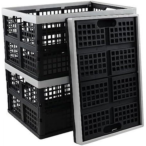3 Pack 42 L Large Plastic Collapsible Storage Crates, Stackable Folding Milk Crate, Black$$Office