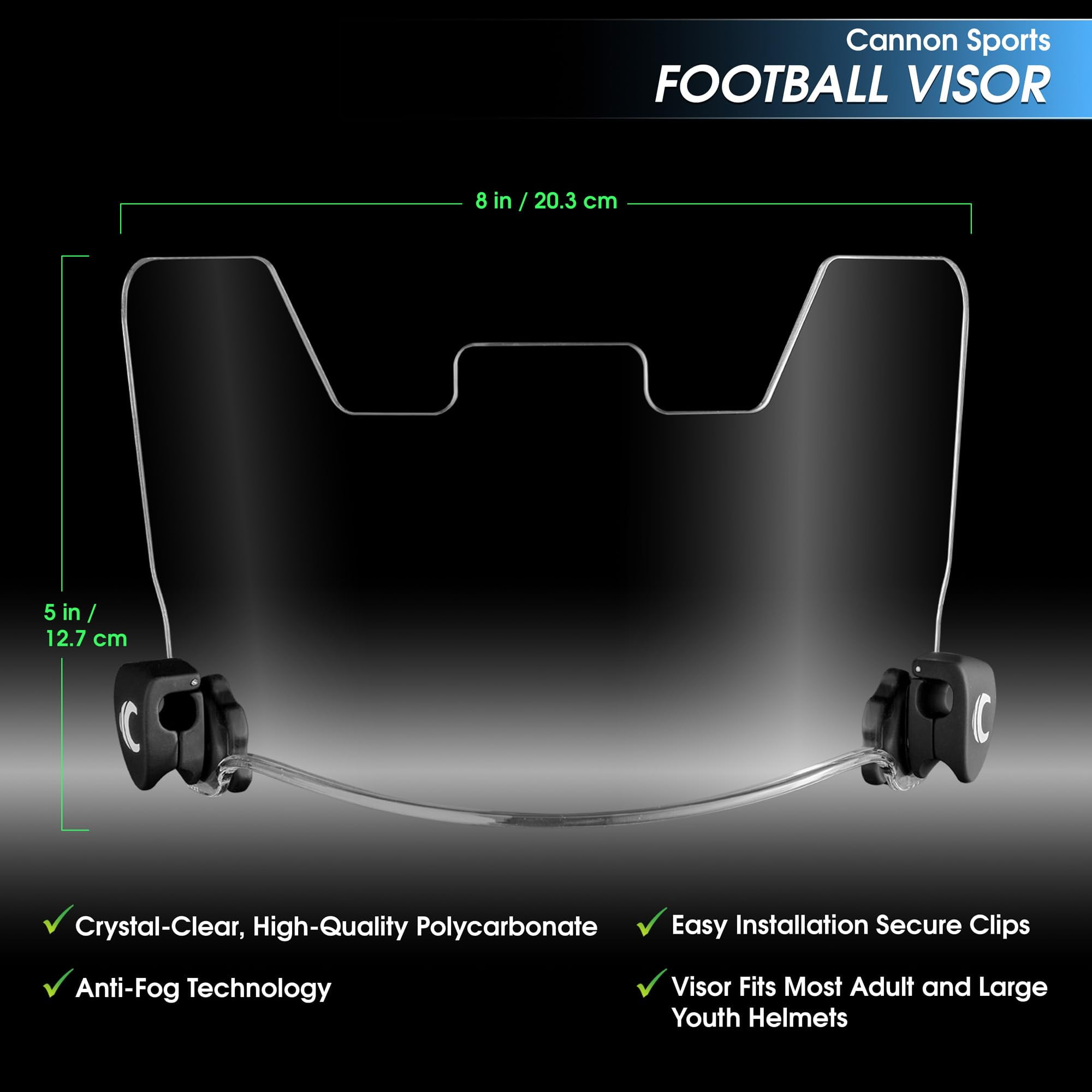 Cannon Sports Football Visor - Flat Lens Technology, Anti-Fog, UV Protection & Scratch-Resistant - Fits Adult & Large Youth Football Helmets (Clear)