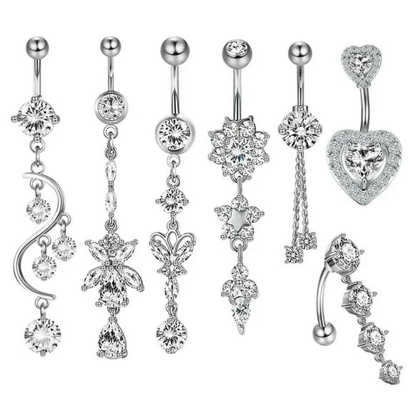 Designice 14G Belly Button Ring,Long Belly Button,CZ Navel Rings,Piercing Jewelry,Silver,7 Pcs