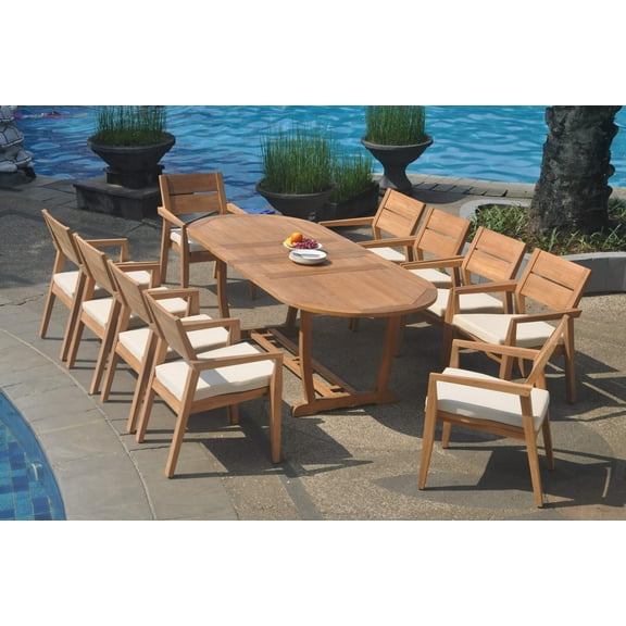 Grade-A Teak Dining Set: 10 Seater 11 Pc: 94" Mas Oval Trestle Leg Table And 10 Vellore Stacking Arm Chairs Outdoor Patio WholesaleTeak #WMDSWVm