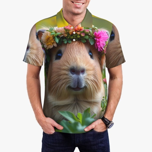 Fotbe Flower Crown Guinea Pig Camiseta Polo de Golf para Hombre con Estampado – Camisa Deportiva Transpirable con Cuello Abotonado-Large