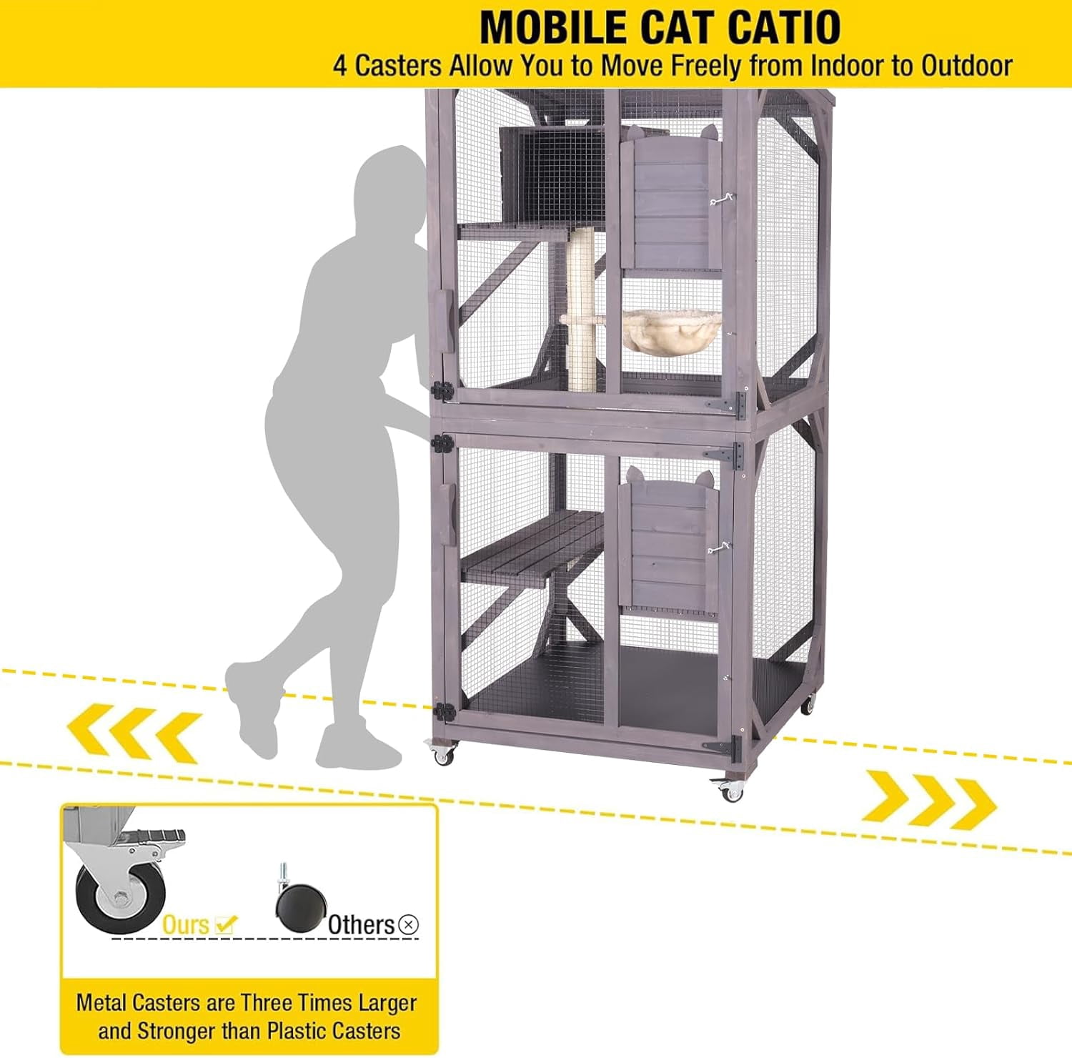 Cat House Outdoor Catio Cat Enclosures on Wheels 70.9" Kitty House with Upgraded Resting Box,Waterproof Roof
