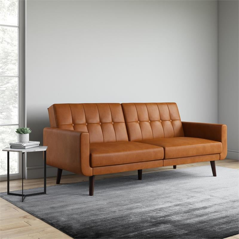 DHP Nia Modern Adjustable Faux Leather Futon Sofa Bed in Camel Tan